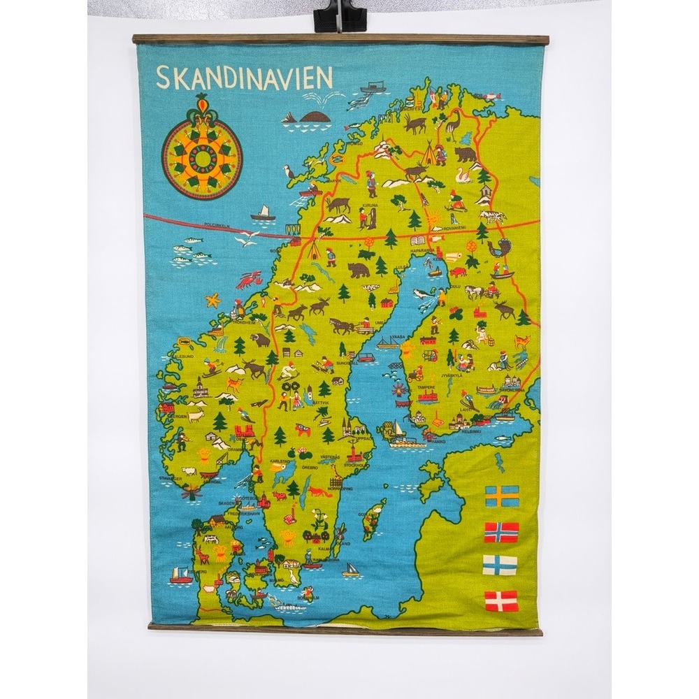 Ilustrated Fabric Scandinavia Map Wall Hanging VTG Tapestry MCM Decor